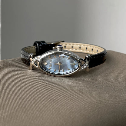 2025 Luxury Women's Quartz Watch Oval Sapphire Casual Ladies Clock Waterproof Brown Leather Elegant Ladies Watch blue