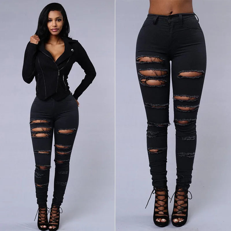 Fashion Stretchy Ripped Skinny Black Jeans Women Zipper Hollow Out Denim Jeans Casual Lady Street Bottoms