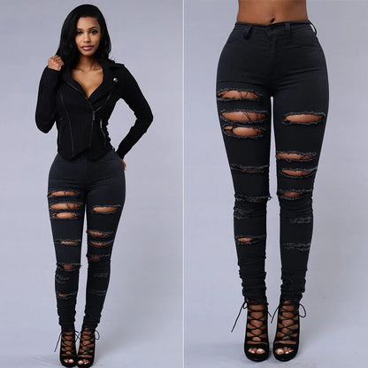 Fashion Stretchy Ripped Skinny Black Jeans Women Zipper Hollow Out Denim Jeans Casual Lady Street Bottoms