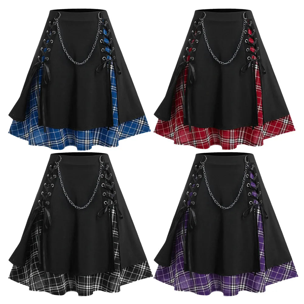 ROSEGAL Plus Size Women's Gothic Skirt Casual Plain Chain Detail High Waisted Stitching Plaid Pleated Layered Lace Up Skirts 5XL