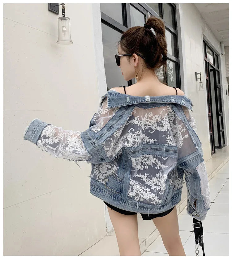 Cotton Denim Coat Women Lace Spring Autumn Ropa Cardigan Jeans Maxi Punk Gothic Bomber Jacket Windbreaker Y2k Jackets Korean