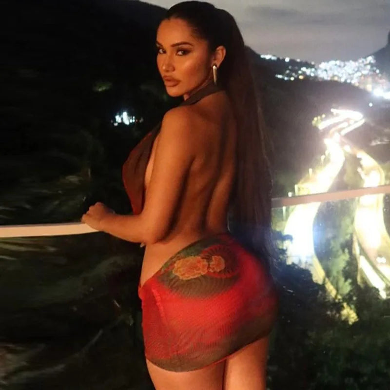 Combhasaki Womens Summer Beachwear Y2K Halter Deep V-Neck Sleeveless Backless Flower Tie-dye Print Bodycon Slim Short Mini Dress