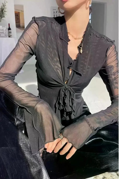 Long Flare Sleeve Sexy Sweet Hot Girls Korean Blouses for Women Lace-up Mesh Fashion Style All-match Solid Design Elegant Casual