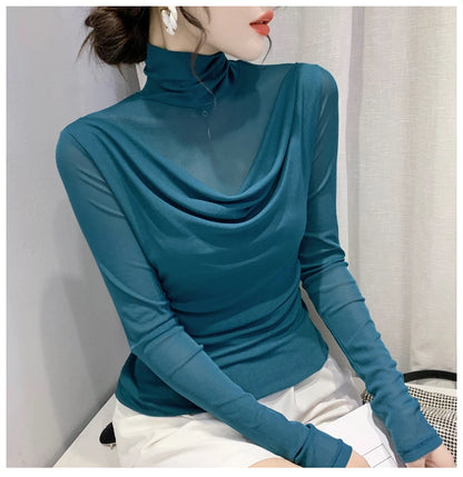 Sexy Mesh Basic T-shirts Women 2025 Fashion Turtleneck Casual Long Sleeve Y2k Tops Korean Clothes Woman Black Winter T Shirt 4XL