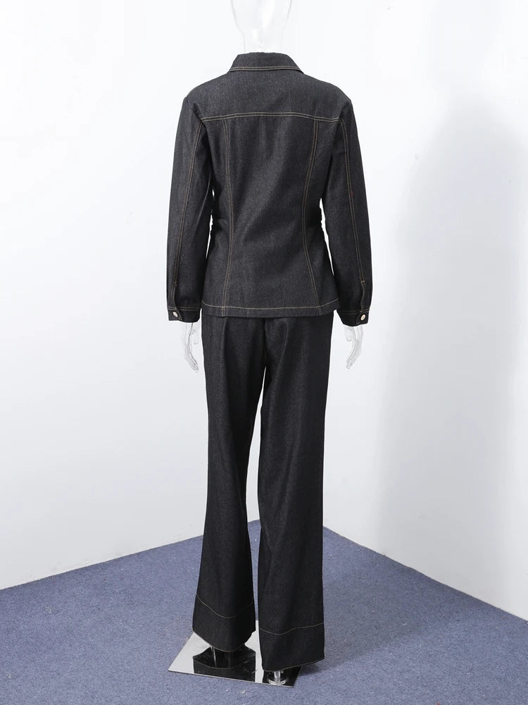 Street Vintage Denim Pants Sets Women Slim Long Sleeve Lapel Single Breasted Jacket Straight Trousers 2025 Autumn Lady Outfits