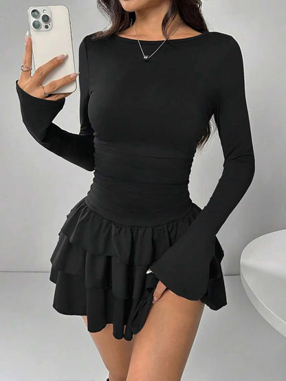 2025 Autumn Solid Slim Fit Cascading Ruffles Mini Dress Winter Women Elegant Flare Sleeve High Waist Sexy Party Bodycon Dresses Badiee Stylez