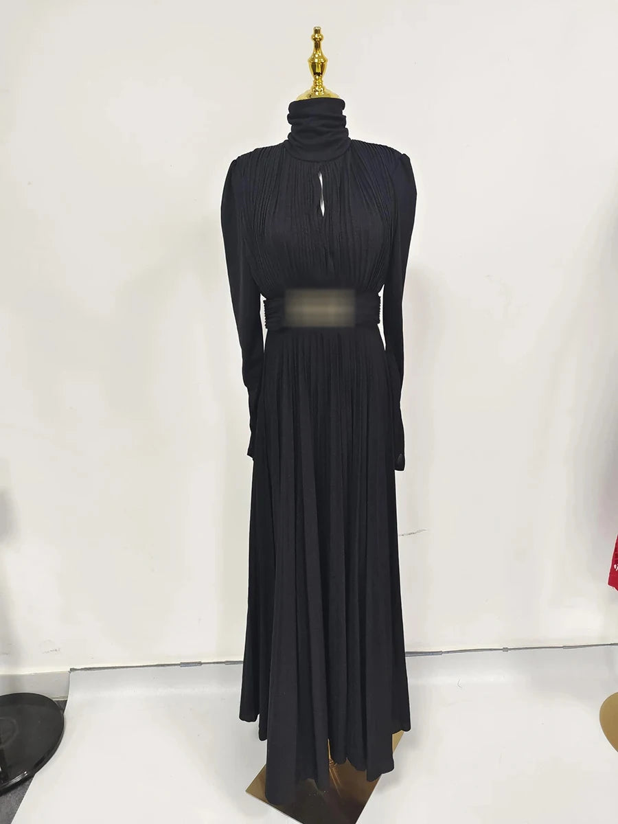 TWOTWINSTYLE Solid Spliced Belt Slimming Dresses For Women O Neck Long Sleeve High Waist Temperament Long Dress Female Clothes