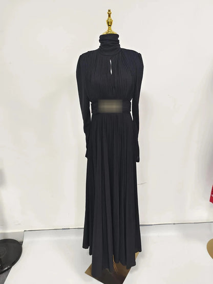 TWOTWINSTYLE Solid Spliced Belt Slimming Dresses For Women O Neck Long Sleeve High Waist Temperament Long Dress Female Clothes