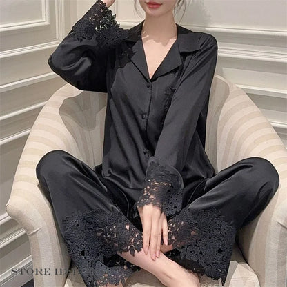 Female Pajamas Set White Satin Lace Trim Bride Wedding Sleepwear Gift Homewear Sexy Loose Long Sleeve Trouser Suit Loungewear Black