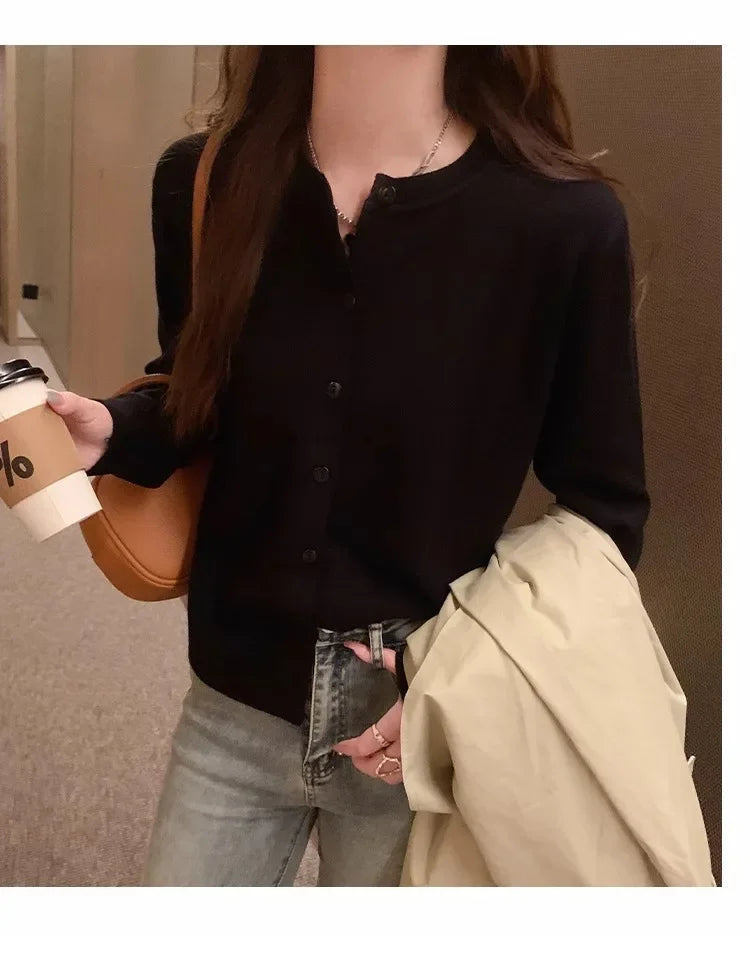 New 2025 Spring Summer Knit Cardigan O-Neck Solid Color Fashion High-Grade Comfortable Slim Casual Knitwear Tops