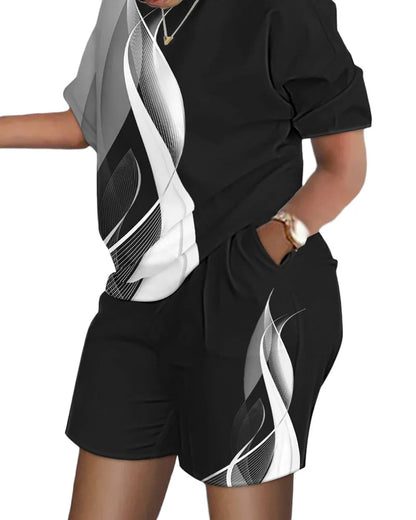 Women's T-shirt+Hot Pants Two Piece Set 2024 Summer Fashion Casual Printing Quick Drying Sports Fitness Top Shorts Female Suit 11