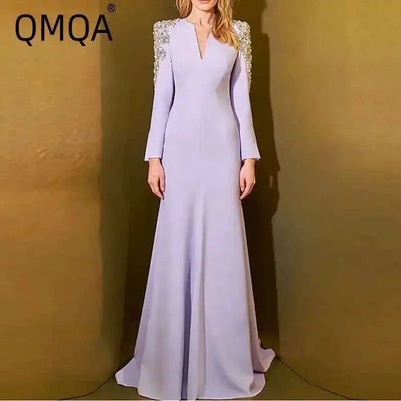 QMQA Fashion Women's Evening Dress Bead Diamond Spliced V Neck Long Sleeve High Waist Maxi Party Dresses 2025 Spring New QM324 Badiee Stylez