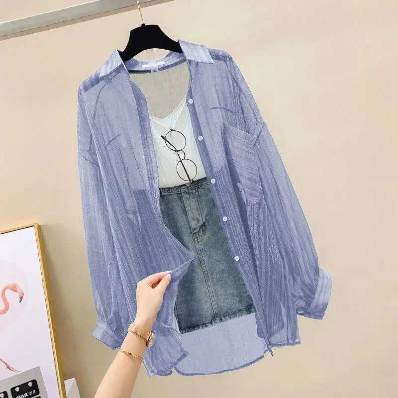 Summer Sunscreen Shirt Elegant Perspective Thin Chiffon Blouse Korean Harajuku See Through Loose Top Casual Women's Cardigan blue