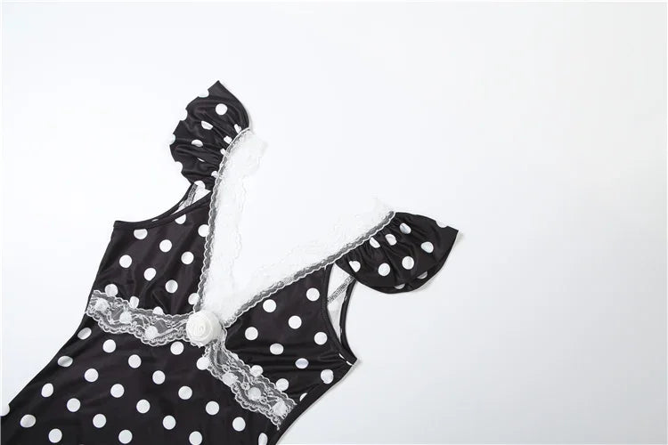 Polka Dot Ruched Dress Elegant Birthday Party Skinny Bodycon Sexy Backless Dress Women Flying Sleeve Lace Trim Applique
