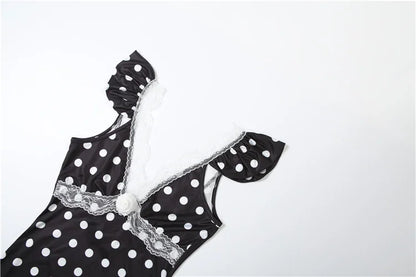 Polka Dot Ruched Dress Elegant Birthday Party Skinny Bodycon Sexy Backless Dress Women Flying Sleeve Lace Trim Applique