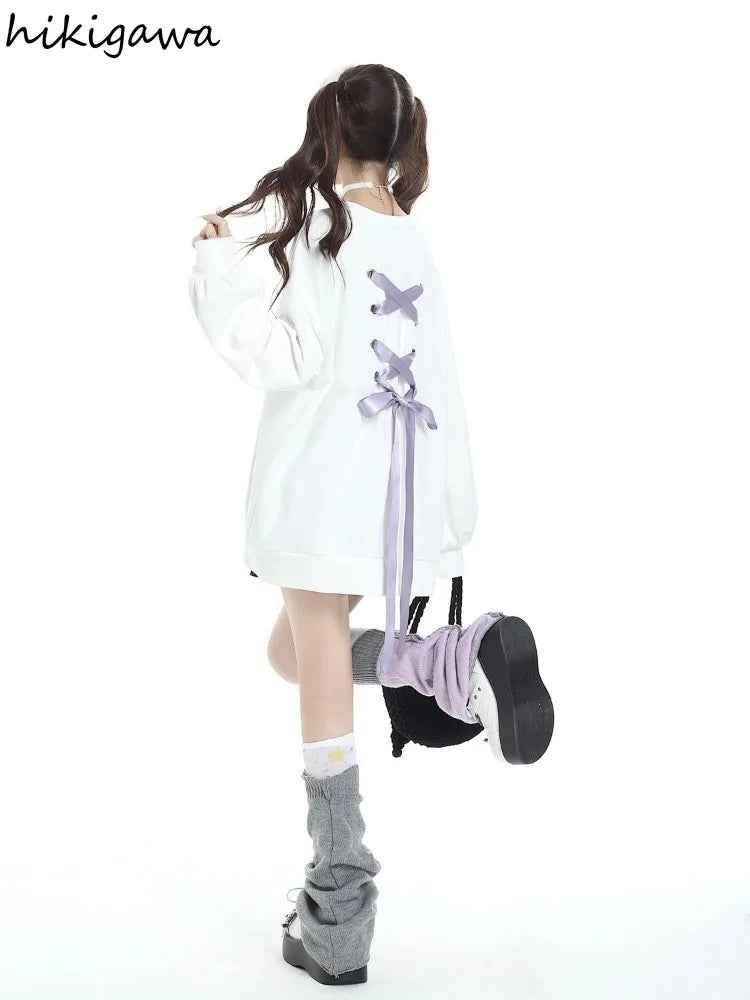 Sweet Sweatshirt Women Clothing Bow Bangage O-neck Long Sleeve Casual Y2k Tops 2025 Ropa Mujer Fashion Japanese Y2k Hoodies