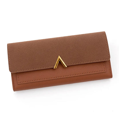 New Korean version women's wallet long V-shaped buckle three fold wallet for women, hand-held bag, change card bag Brown