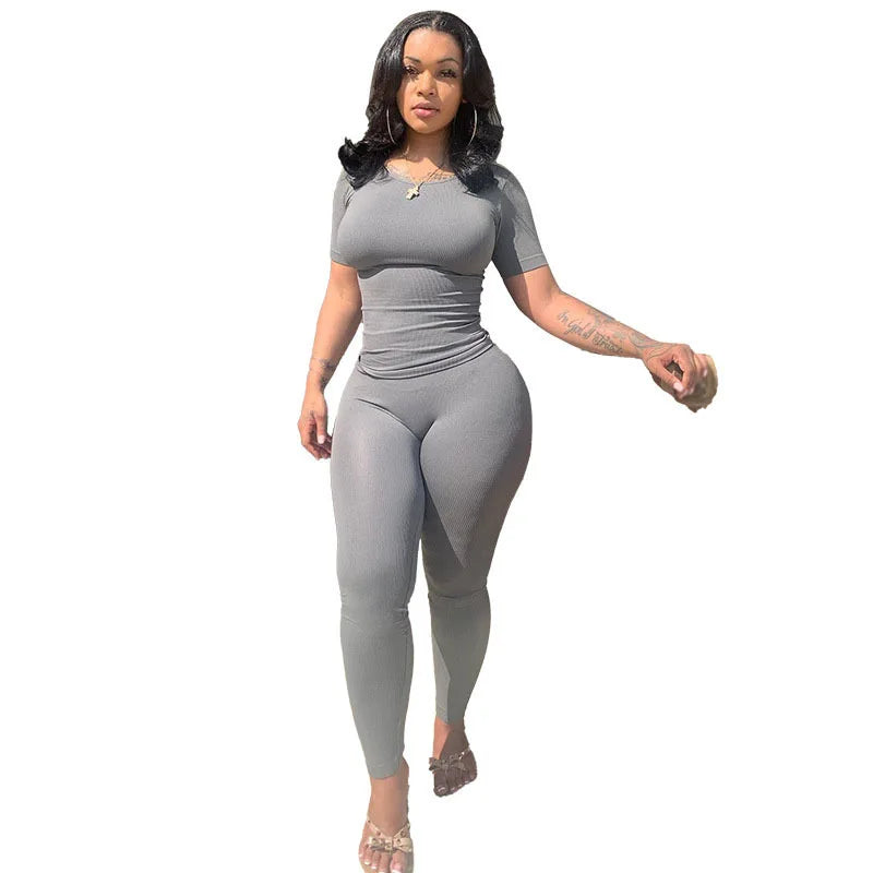 Lounge Wear Ribbed Casual 2 Piece Summer Shorts Set For Women Sleeve Top+Elastic Leggings Outfits Silver gray