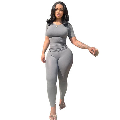 Lounge Wear Ribbed Casual 2 Piece Summer Shorts Set For Women Sleeve Top+Elastic Leggings Outfits Silver gray