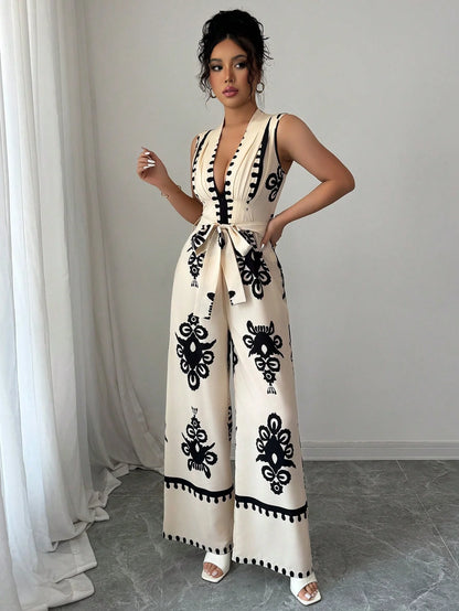 Women's fashion lace up printed V-neck wide leg jumpsuit Badiee Stylez