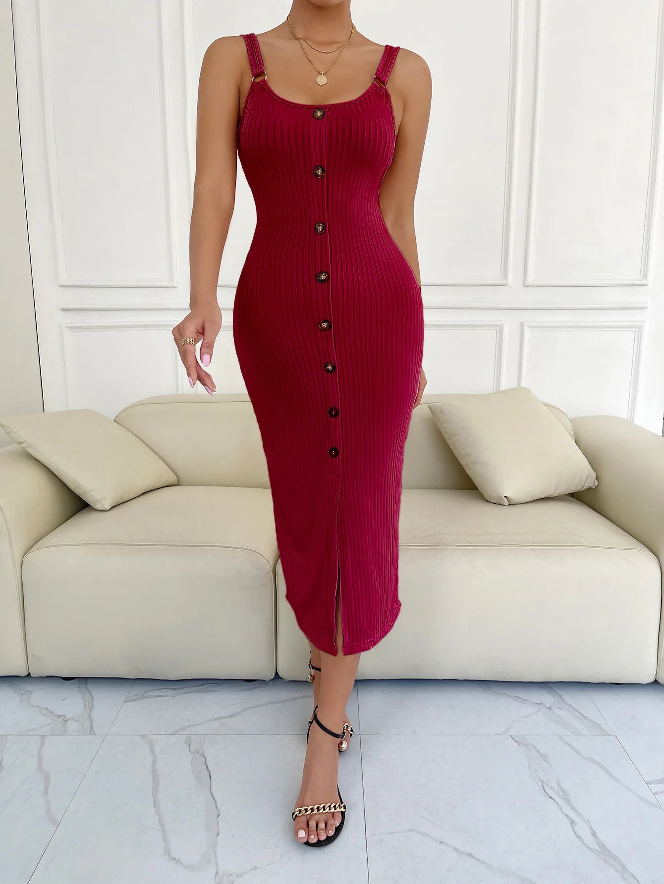2025Summer European And American Suspender Dress Slim And Sexy Knitted Slit One-step Skirt vestidos largos Elegant Sexy Outfits1