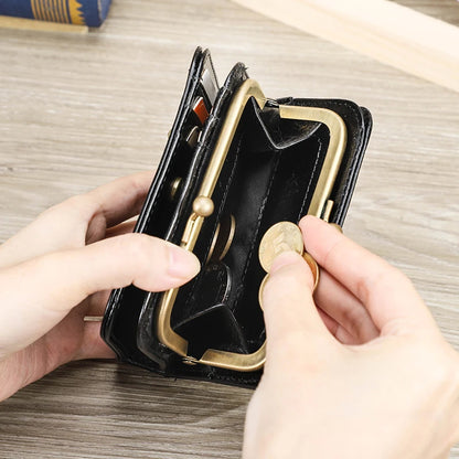 CONTACT'S Genuine Leather Short Wallets for Women Kiss Lock Classic Wallet Metal Frame Coin Purses Card Holder Money Clip Bags