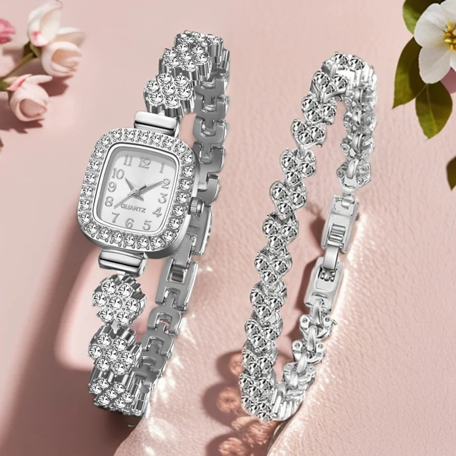 2PCS Silver Women's Watch Set Fashionable Luxury Trendy Digital Scale Rectangular Dial Quartz Watch Bracelet Set Perfect Gift Silver