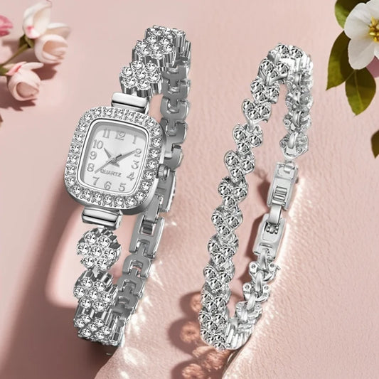 2PCS Silver Women's Watch Set Fashionable Luxury Trendy Digital Scale Rectangular Dial Quartz Watch Bracelet Set Perfect Gift Silver