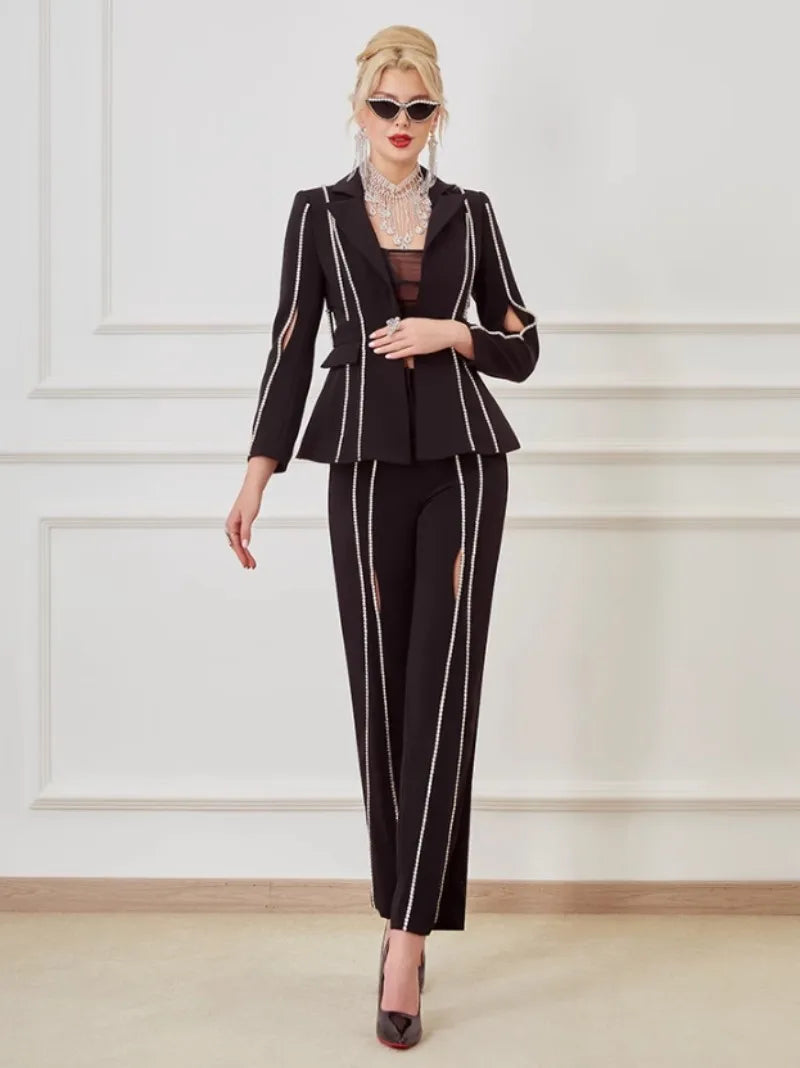 Designer Women Diamonds Hollow Out High Waist Slim Fit Blazers Top Straight Pants Two Piece Set Party Office Ladies Suits Set Badiee Stylez