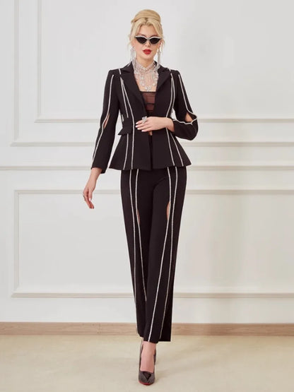 Designer Women Diamonds Hollow Out High Waist Slim Fit Blazers Top Straight Pants Two Piece Set Party Office Ladies Suits Set Badiee Stylez