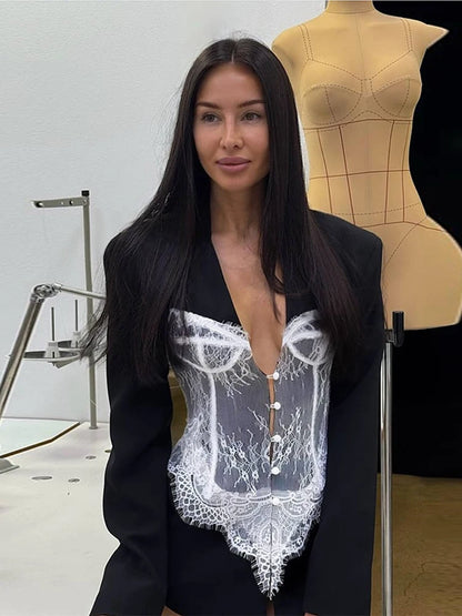 New Design Lace Patchwork Suit Jacket Women Retro Chic V-neck Single Breasted Waist-cinching Jackets Female High Street Outwear