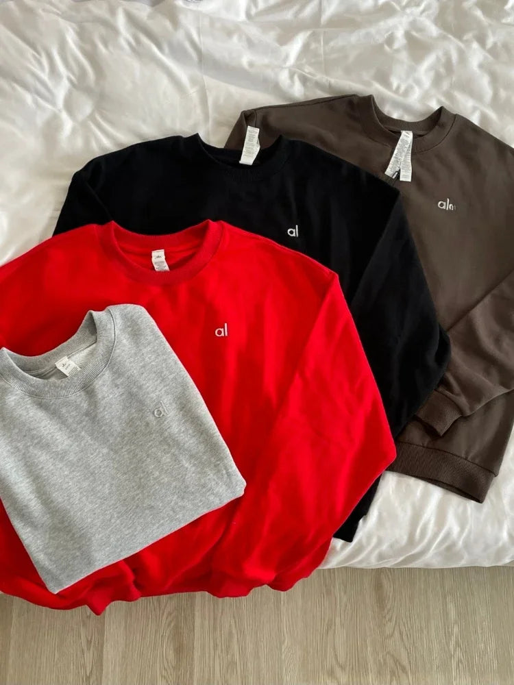 Fashion Trends Solid Long Sleeves Top Spring Black Red Round Neck Sweatshirts Simple Classic Letter Loose Casual Sports Top