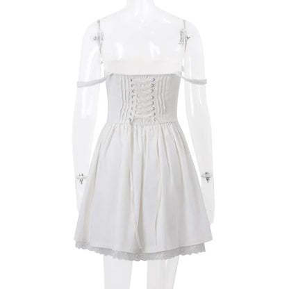 WhereMery Elegant Women Aesthetic Pleated Mini Dress Y2K White Sleeveless Square-neck Lace-up Off Shoulder Spring Party Dresses