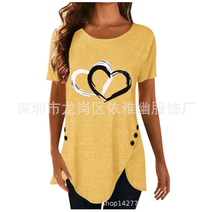 Women's Short-sleeve Heart Printed T-shirt Summer Casual Loose Long Top Tee Shirt Clothing Fashion T Shirt Streewear Oversized Yellow
