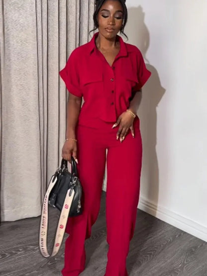 Women's Two Piece Sets Spring Summer Casual Solid Turn-down Neck Short Sleeve Loose Top & Wide Leg Pants Set Streetwear Outfits