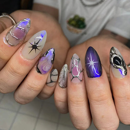 24pcs Romantic Y2k Star Press On Nails Gradient Blue French Style Gold Moon Designs Fake Nail Sweet Almond False Nails For Women Y22