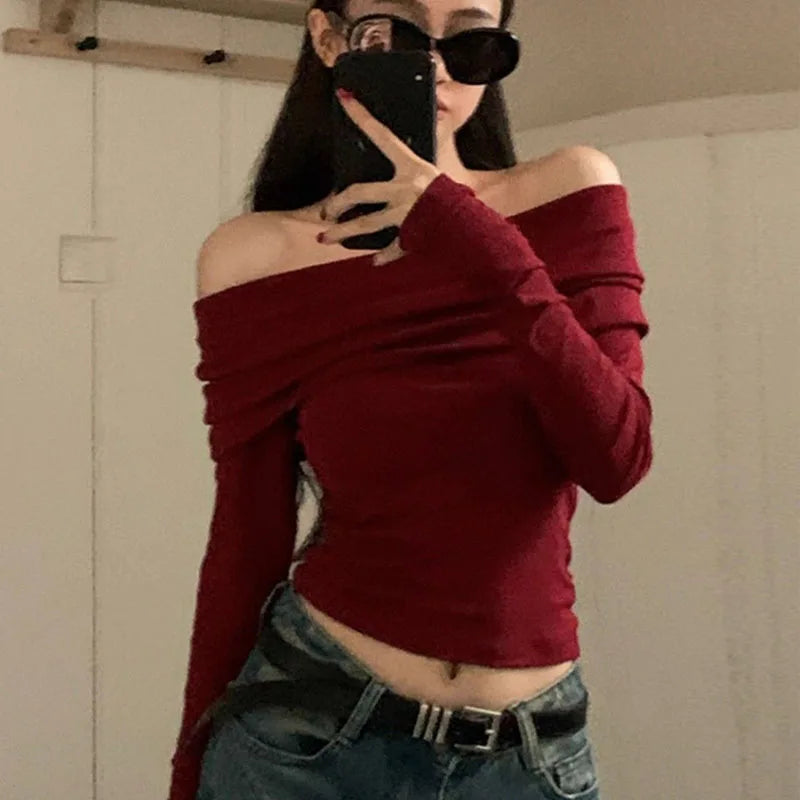 Xpqbb Vintage Slash Neck Pullover Women Korean Fashion Slim Long Sleeve Short Blouses Ladies Sexy Off Shoulder Club Party Tops Red One Size