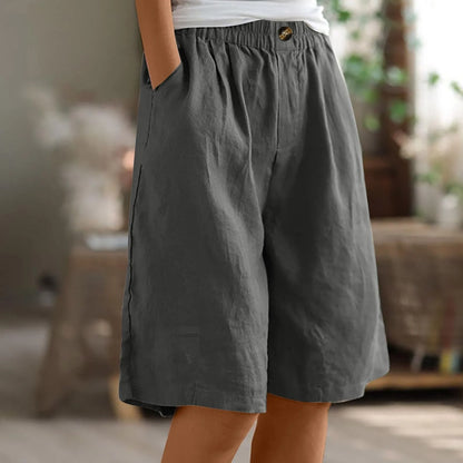 Female Fashion Solid Color Elastic High Waist Pocket Button Up Loose Cotton Linen Five Length Shorts Summer Soft Comfort Pants Dark Gray