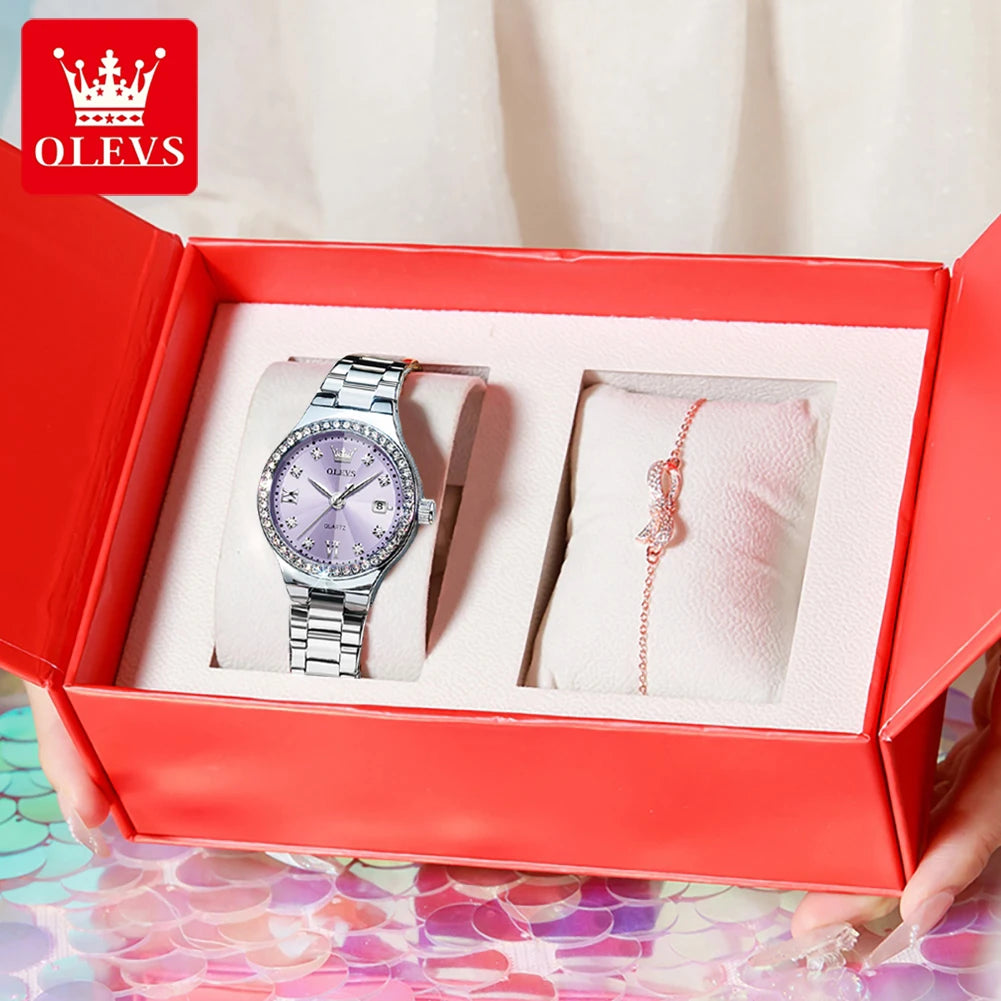 OLEVS 5628 Women Watch Luxury Elegant Quartz Watch Stainless Steel Waterproof Luminous Diamond Bezel Ladies Watch Bracelet Set Silver Purple-Set CHINA Yes