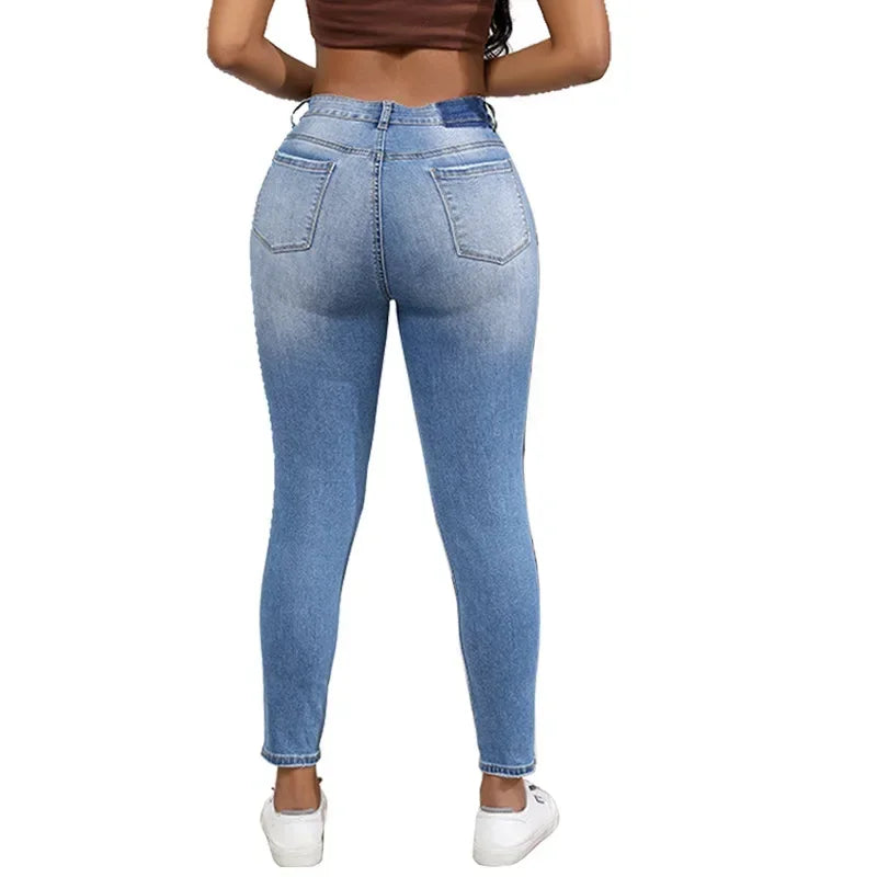 Women Jeans Holes Pencil Pants Washing Denim Pockets Sexy Sheath High Waist Slim Fit Zipper Fly Ankle Length Basics 2024