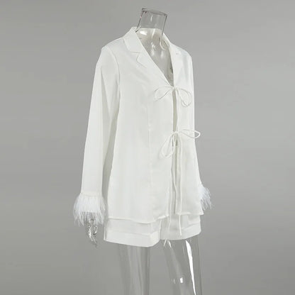 Mozuleva Women's Long Sleeved Lace Up Casual Shirt Pajamas Set Feather Sleeves Shorts Home Clothing Autumn Fashion 2-piece Set