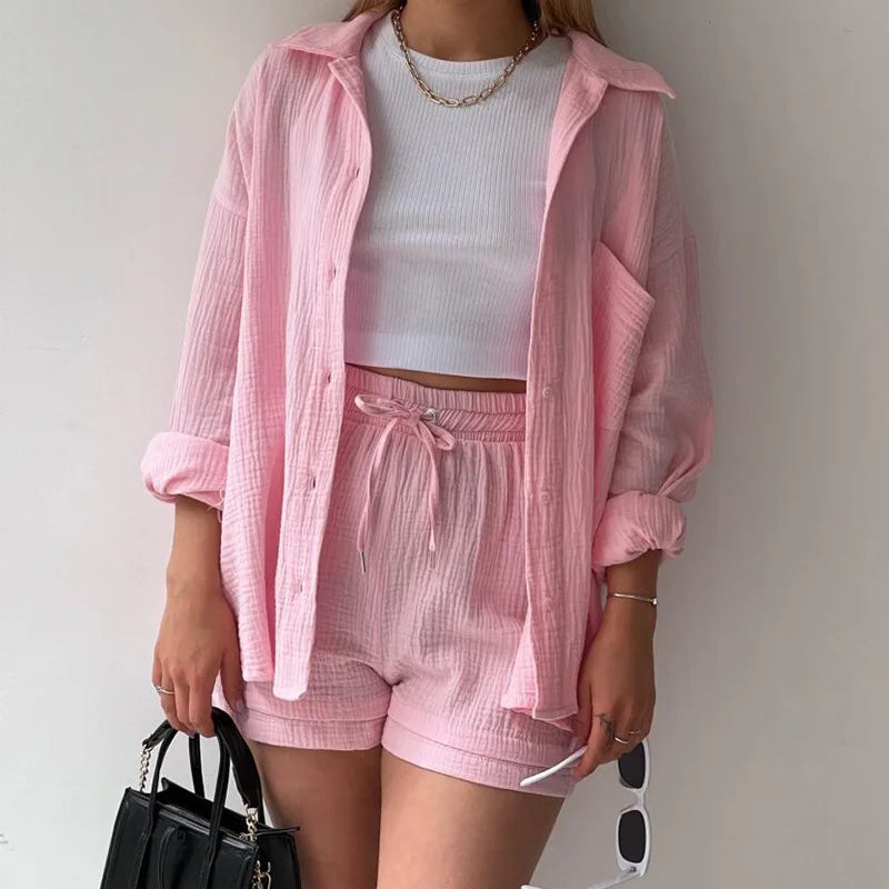 Short Sets Women Tracksuit Single Breasted Cardigan Blouses Two Pieces Shorts Loose Button High Street Solid Pockets Folds pink