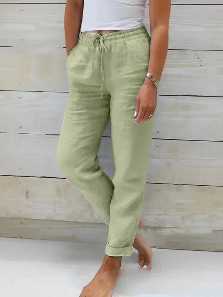 Plus Size XL-5XL Summer Cotton Linen Pants Women 2025 Elastic High Waist Casual Trousers Streetwear Solid Loose Pencil Pants green