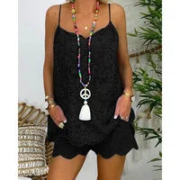 Women's Cotton Linen Sleeveless 2-Piece Set Hollow Embroidery Ruffled Camisole Tassel Vest Drawstring Shorts Printed Casual Set