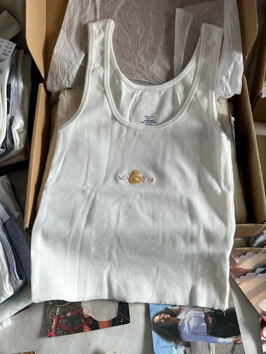 Cute Animal Embroidery Tank Tops Women Summer Lace Trim Cotton Sleeveless Camisole Vests Solid Vintage Sweet Slim Crop Top Y2k Duck-white One Size