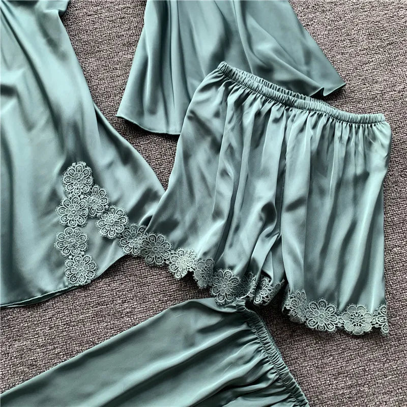 Pajamas Five Piece Set Sexy Lace Trim Nightgown Nightwear Spring Summer Women Bath Robe Loose Silk Satin Home Wear Pijamas Suit