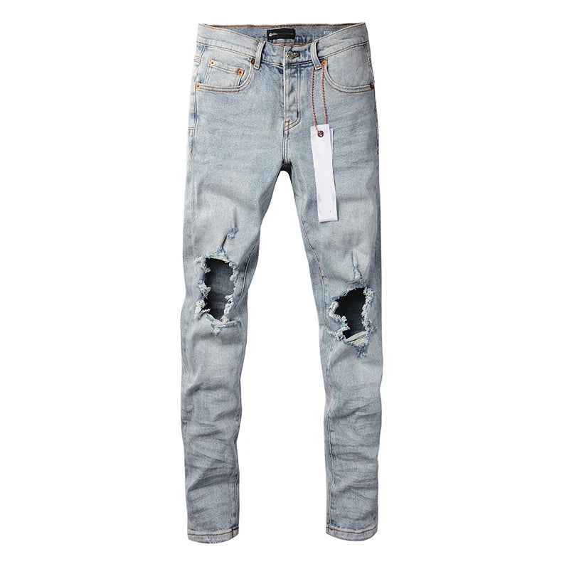 Men's American High Street Fashion Distressed Washed Classical Blue Damaged Holes Stretch Skinny Button Fly Jeans Pants