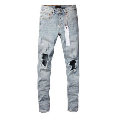 Men's American High Street Fashion Distressed Washed Classical Blue Damaged Holes Stretch Skinny Button Fly Jeans Pants