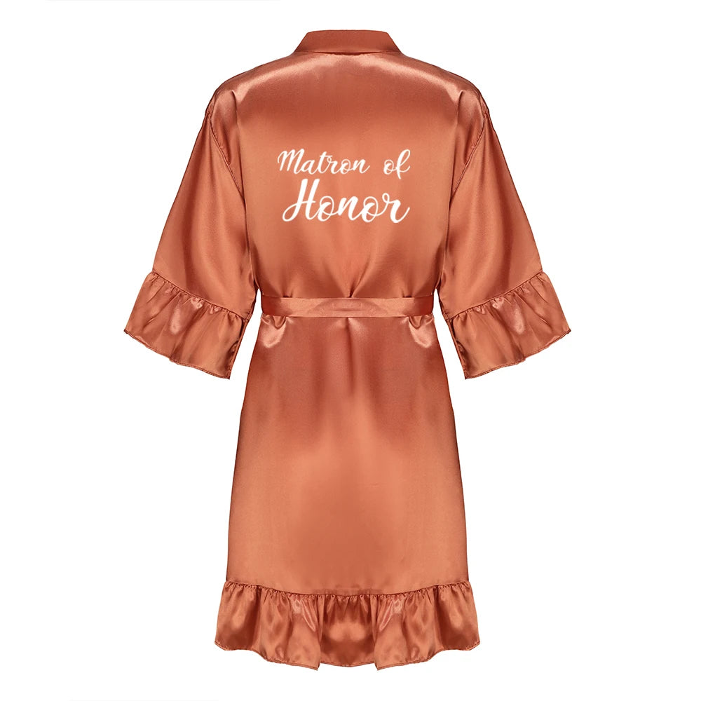 Wedding Bride Bridesmaid Robes for Women Bridal Party Gifts Team Dress Gown Silk Satin Sleepwear Kimono With Ruffle White Letter As the photo show 12