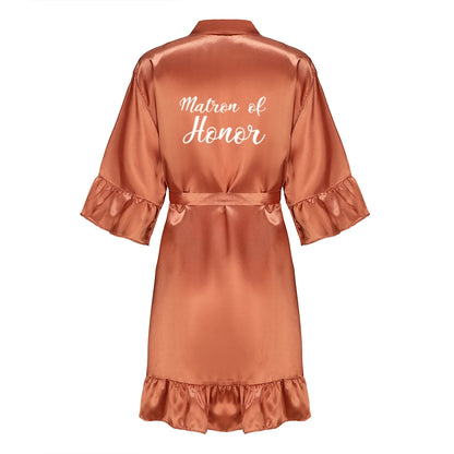 Wedding Bride Bridesmaid Robes for Women Bridal Party Gifts Team Dress Gown Silk Satin Sleepwear Kimono With Ruffle White Letter As the photo show 12